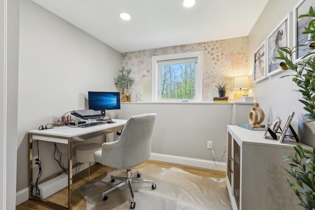 222 Standish Ln, Hudson, NH 03051 - home office with baseboards, wood finished floors, recessed lighting, and wallpapered walls