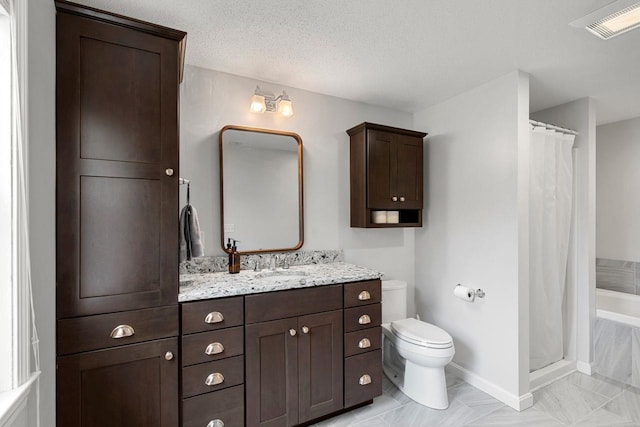 7 David Dr, Pelham, NH 03076 - bathroom with toilet, a shower with curtain, vanity, a textured ceiling, and baseboards