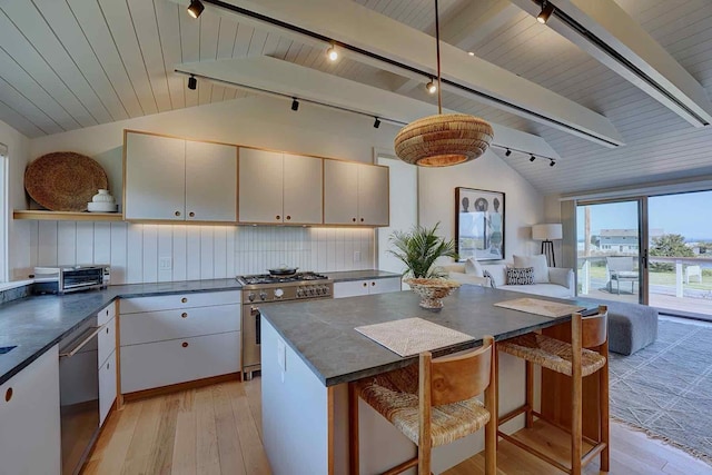 797 Ocean Blvd, Rye, NH 03870 - kitchen with appliances with stainless steel finishes, dark countertops, light wood-style flooring, track lighting, and open shelves