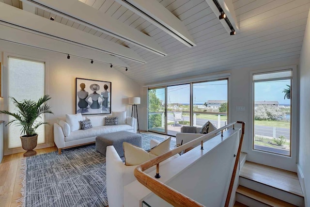 797 Ocean Blvd, Rye, NH 03870 - living room featuring rail lighting, hardwood / wood-style floors, healthy amount of natural light, and wooden ceiling