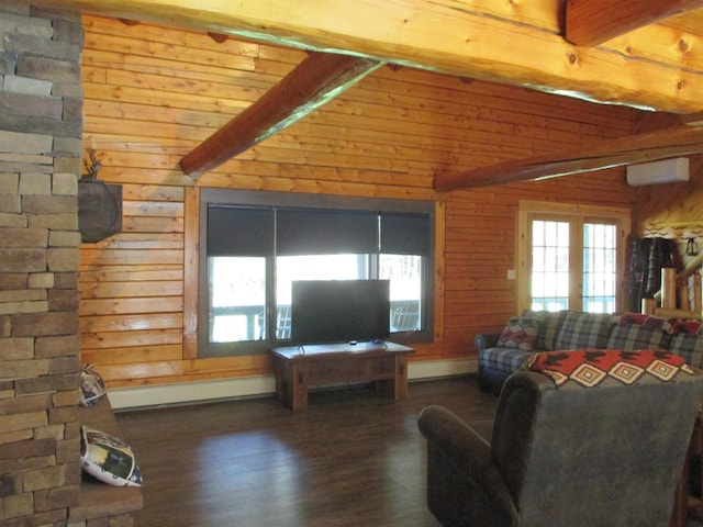 42 Chickadee Ln, Littleton, NH 03561 - living area with wood walls, wood finished floors, and an AC wall unit