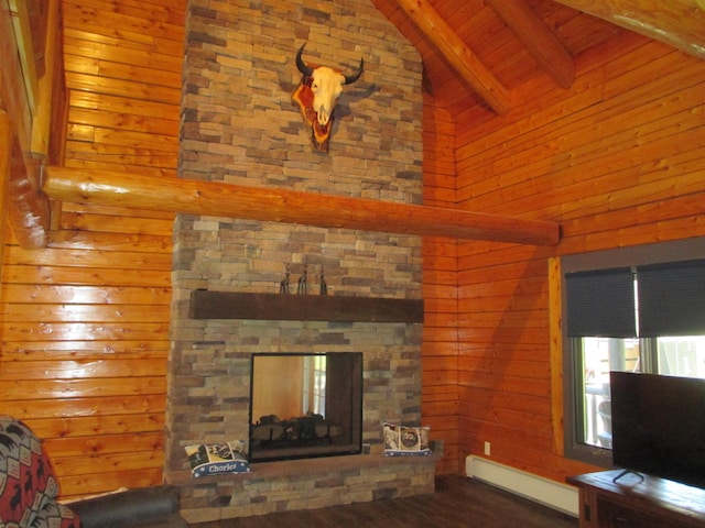 42 Chickadee Ln, Littleton, NH 03561 - living area with wood ceiling, a baseboard heating unit, wooden walls, a fireplace, and wood finished floors