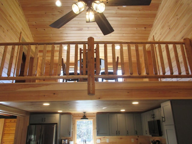 42 Chickadee Ln, Littleton, NH 03561 - stairway featuring ceiling fan, recessed lighting, wood ceiling, and wooden walls
