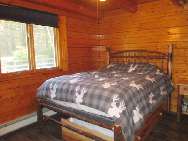 42 Chickadee Ln, Littleton, NH 03561 - bedroom featuring dark wood finished floors, wood walls, baseboard heating, and beamed ceiling