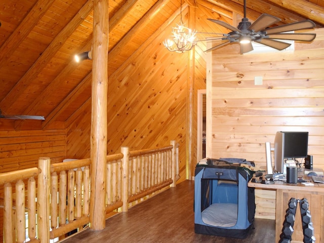 42 Chickadee Ln, Littleton, NH 03561 - home office featuring wood walls, a ceiling fan, wood finished floors, and wood ceiling