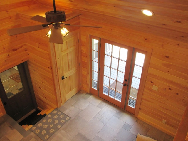 42 Chickadee Ln, Littleton, NH 03561 - doorway to outside with a ceiling fan, wood walls, french doors, and recessed lighting