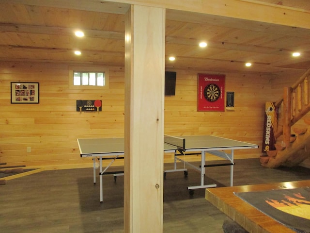 42 Chickadee Ln, Littleton, NH 03561 - playroom with wood finished floors, wooden ceiling, wood walls, and recessed lighting