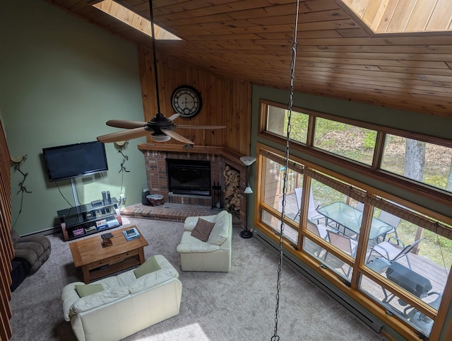 11 Cascade Dr Unit 288, Woodstock, NH 03262 - carpeted living area featuring vaulted ceiling, wooden ceiling, plenty of natural light, a ceiling fan, and a fireplace