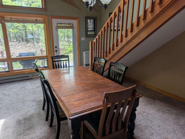 11 Cascade Dr Unit 288, Woodstock, NH 03262 - dining room with carpet, a baseboard heating unit, and stairs