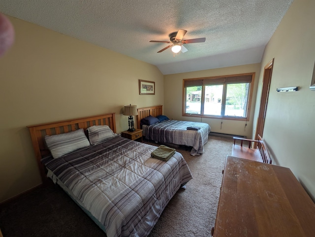 11 Cascade Dr Unit 288, Woodstock, NH 03262 - bedroom featuring carpet, a textured ceiling, vaulted ceiling, and a ceiling fan