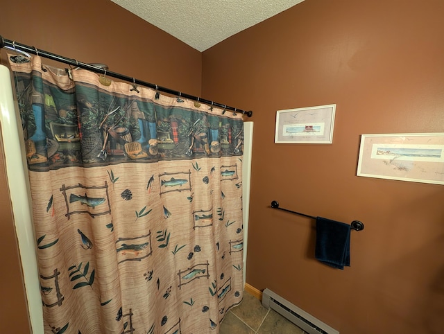 11 Cascade Dr Unit 288, Woodstock, NH 03262 - full bathroom featuring a textured ceiling, tile patterned floors, curtained shower, and a baseboard heating unit