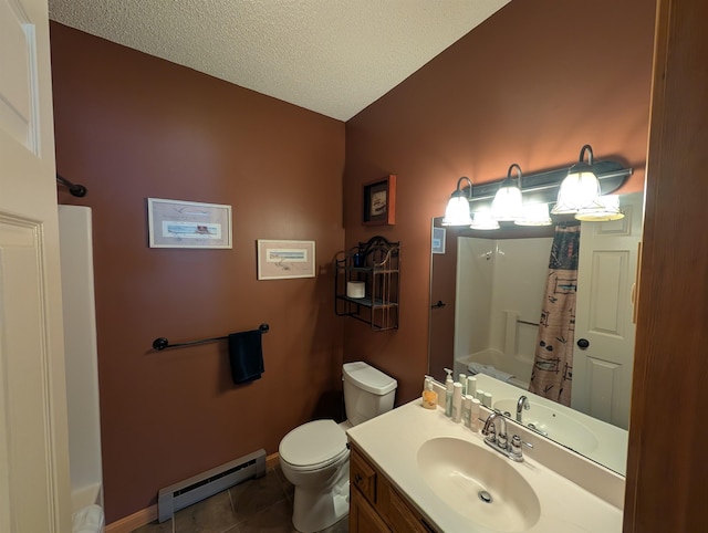 11 Cascade Dr Unit 288, Woodstock, NH 03262 - full bath featuring a baseboard heating unit, toilet, a shower with curtain, tile patterned flooring, and vanity