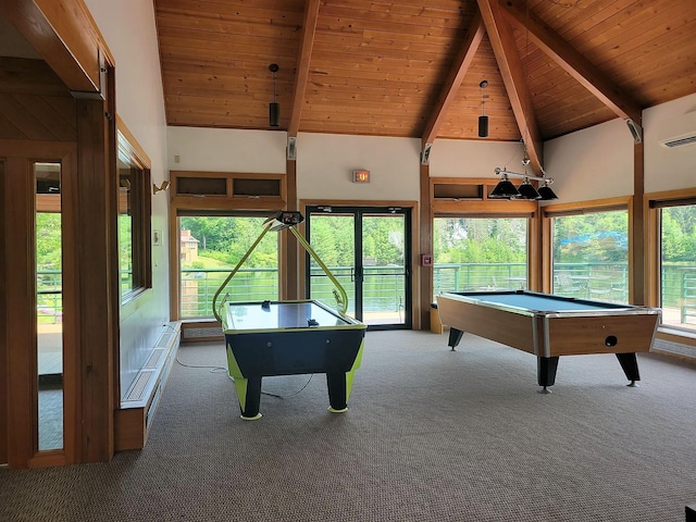 11 Cascade Dr Unit 288, Woodstock, NH 03262 - playroom featuring wooden ceiling, carpet floors, beamed ceiling, high vaulted ceiling, and pool table