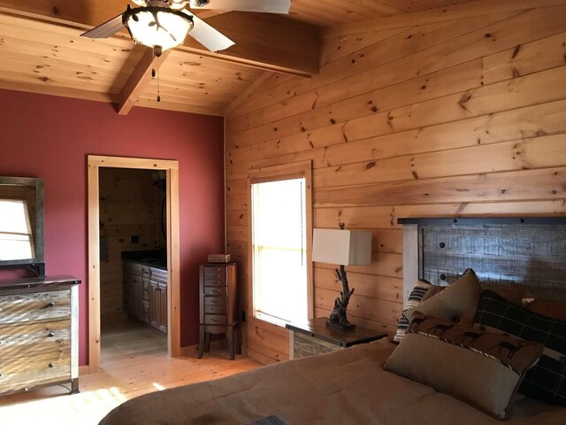 42 Peak Vista Ln, Madison, NH 03849 - bedroom with wooden ceiling, light wood finished floors, connected bathroom, and wooden walls