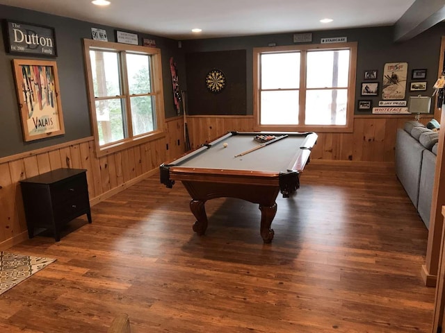 42 Peak Vista Ln, Madison, NH 03849 - playroom featuring wainscoting, billiards, wood walls, recessed lighting, and wood finished floors