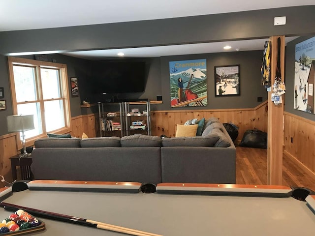 42 Peak Vista Ln, Madison, NH 03849 - living area featuring wainscoting, wood walls, billiards table, recessed lighting, and wood finished floors
