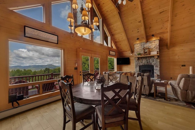 42 Peak Vista Ln, Madison, NH 03849 - dining space with wooden walls, light wood-style floors, high vaulted ceiling, wooden ceiling with exposed beams, and baseboard heating