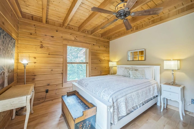 42 Peak Vista Ln, Madison, NH 03849 - bedroom featuring wood ceiling with exposed beams, wooden walls, light wood-type flooring, and a ceiling fan