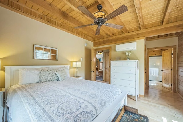 42 Peak Vista Ln, Madison, NH 03849 - bedroom featuring wooden ceiling with exposed beams, a wall unit AC, wood finished floors, wood walls, and ceiling fan