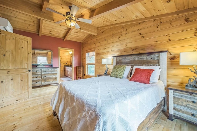 42 Peak Vista Ln, Madison, NH 03849 - bedroom featuring wooden ceiling, wood walls, light wood-style floors, and a wall unit AC