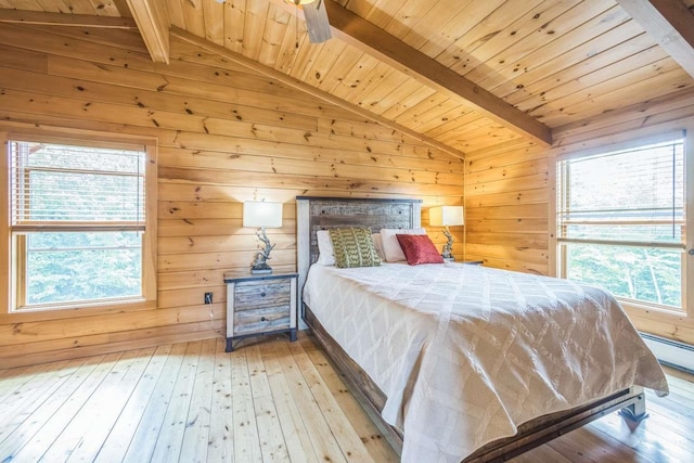 42 Peak Vista Ln, Madison, NH 03849 - bedroom with wooden ceiling, wood-type flooring, multiple windows, wood walls, and a baseboard heating unit