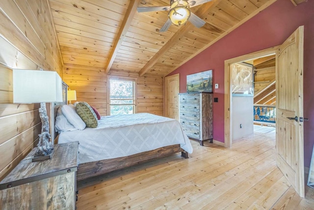 42 Peak Vista Ln, Madison, NH 03849 - bedroom with wood ceiling, wood-type flooring, wooden walls, a ceiling fan, and baseboards