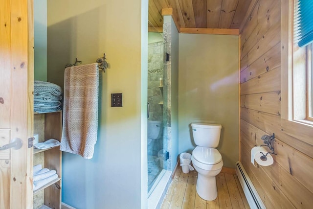 42 Peak Vista Ln, Madison, NH 03849 - full bath with toilet, wooden ceiling, a baseboard heating unit, a stall shower, and wood-type flooring