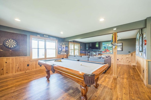 42 Peak Vista Ln, Madison, NH 03849 - playroom with wainscoting, wood finished floors, billiards, wood walls, and recessed lighting