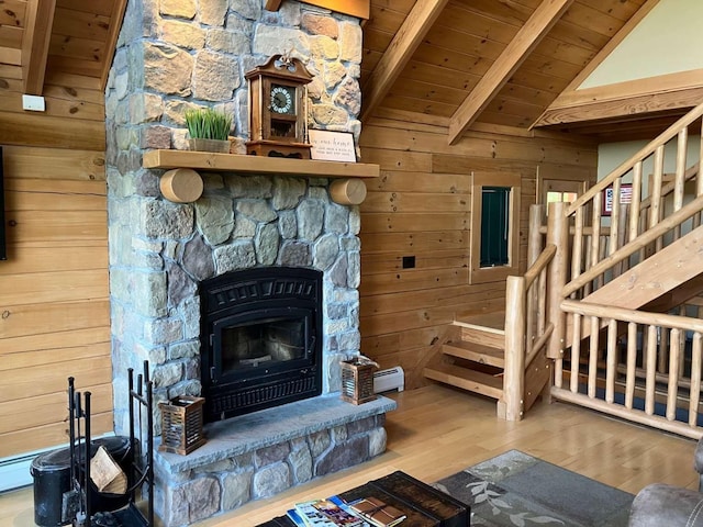 42 Peak Vista Ln, Madison, NH 03849 - living area with wooden ceiling, wood walls, wood finished floors, baseboard heating, and a fireplace