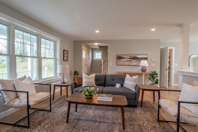21 Lovering Rd, North Hampton, NH 03862 - living room featuring wood finished floors, recessed lighting, stairs, and baseboards