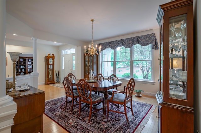 7 Ebenezers Way, Hollis, NH 03049 - dining area featuring plenty of natural light, ornate columns, light wood-style flooring, recessed lighting, and baseboards