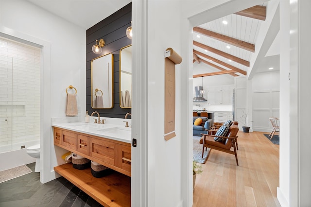 full bath featuring toilet, vanity, recessed lighting, shower / bathtub combination, and wood finished floors