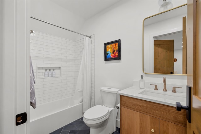 bathroom with toilet, vanity, tile patterned flooring, and shower / bathtub combination with curtain