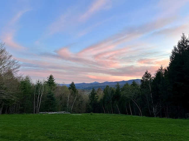 view of mountain backdrop featuring a forest