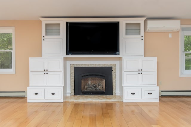 111 Shore Dr, Henniker, NH 03242 - detailed view of a wall unit AC, a baseboard radiator, wood finished floors, and a fireplace with raised hearth