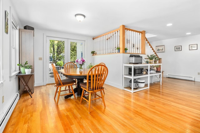 4 Oleary Ave, Hanover, NH 03755 - dining room featuring a baseboard radiator, light wood-style floors, recessed lighting, and baseboards