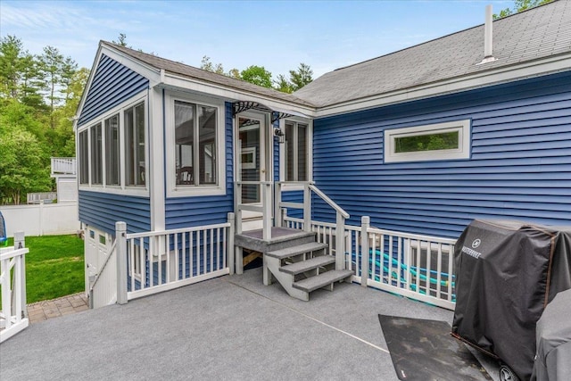 8 Bowman Ct, Merrimack, NH 03054 - view of patio with area for grilling, a sunroom, and entry steps