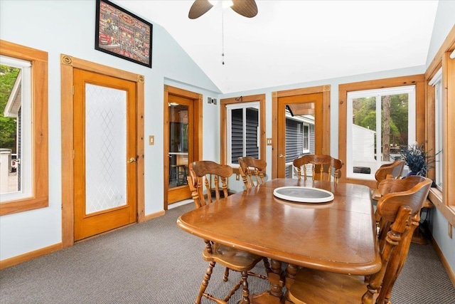 8 Bowman Ct, Merrimack, NH 03054 - carpeted dining room featuring lofted ceiling, ceiling fan, and baseboards