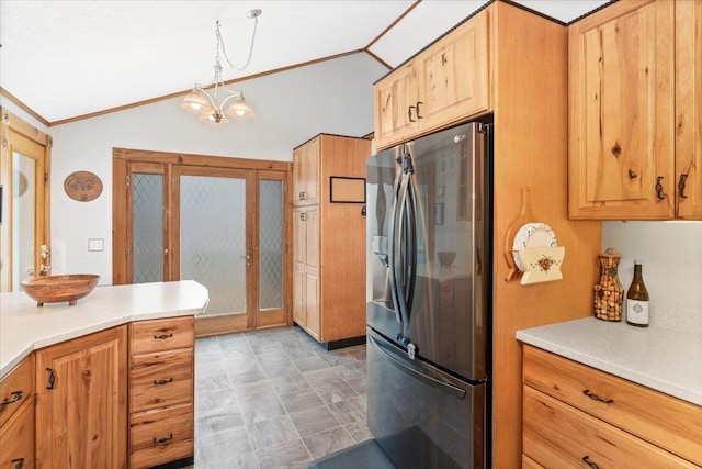 8 Bowman Ct, Merrimack, NH 03054 - kitchen featuring stainless steel fridge, crown molding, vaulted ceiling, light countertops, and pendant lighting