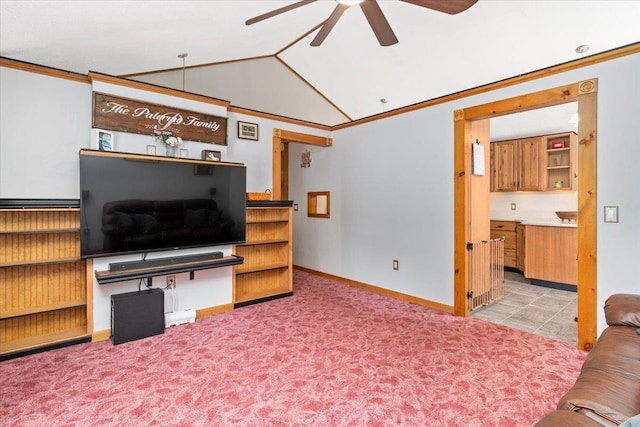 8 Bowman Ct, Merrimack, NH 03054 - living room featuring a ceiling fan, lofted ceiling, baseboards, light colored carpet, and ornamental molding