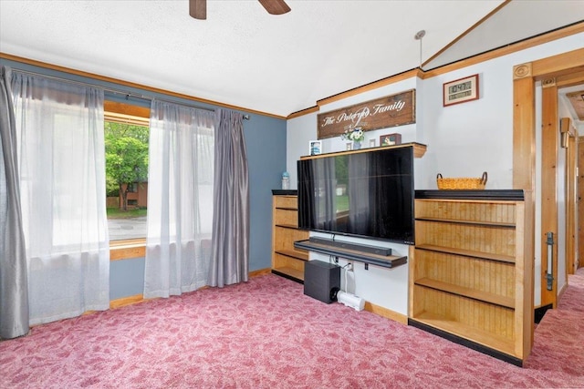 8 Bowman Ct, Merrimack, NH 03054 - carpeted living area with vaulted ceiling, a ceiling fan, baseboards, and a textured ceiling
