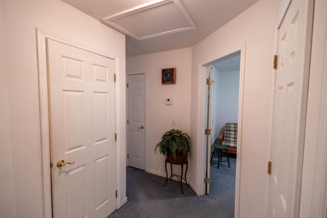 334 Silver Pine Ln, Tamworth, NH 03886 - hall featuring dark colored carpet, attic access, and baseboards