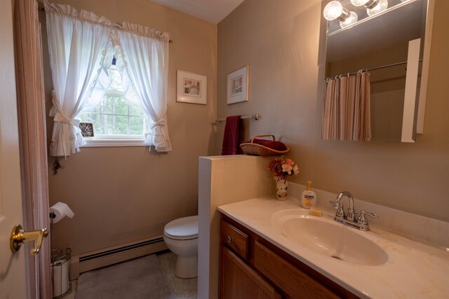 334 Silver Pine Ln, Tamworth, NH 03886 - bathroom featuring a baseboard radiator, toilet, vanity, and a shower with shower curtain