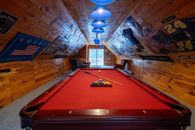 334 Silver Pine Ln, Tamworth, NH 03886 - recreation room featuring wood walls, carpet floors, billiards table, and lofted ceiling