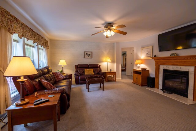 334 Silver Pine Ln, Tamworth, NH 03886 - living area with a ceiling fan, healthy amount of natural light, carpet, and a premium fireplace