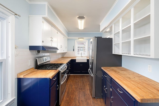 14 Butler St, Waterbury, VT 05676 - kitchen with wooden counters, stainless steel appliances, blue cabinetry, a sink, and dark wood finished floors