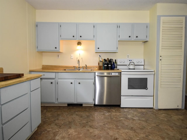 kitchen with white range with electric cooktop, dishwasher, a sink, light countertops, and dark flooring