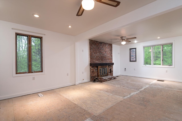 143 Okemo Acres, Ludlow, VT 05149 - unfurnished living room featuring ceiling fan, healthy amount of natural light, a fireplace, baseboards, and recessed lighting