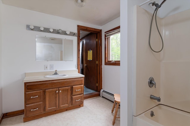 143 Okemo Acres, Ludlow, VT 05149 - bathroom with a baseboard heating unit, vanity, and shower / bath combination