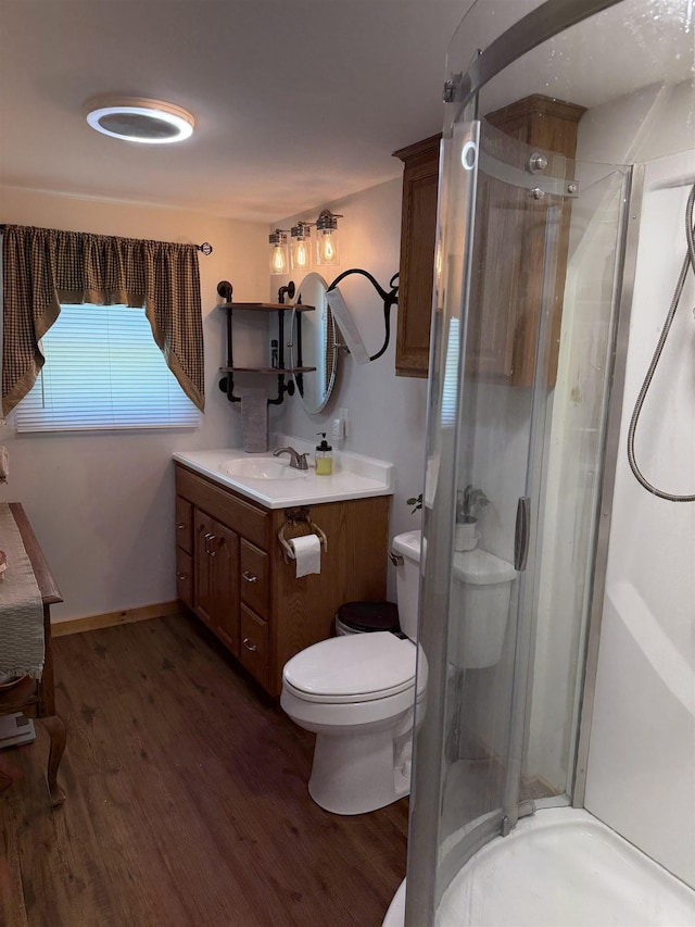 9 Spruce Rd, Middleton, NH 03887 - bathroom featuring wood finished floors, toilet, vanity, and a stall shower